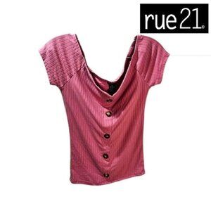 Rue 21‎ Womens Ribbed Fitted Faux Button Short Sleeve Blouse Top